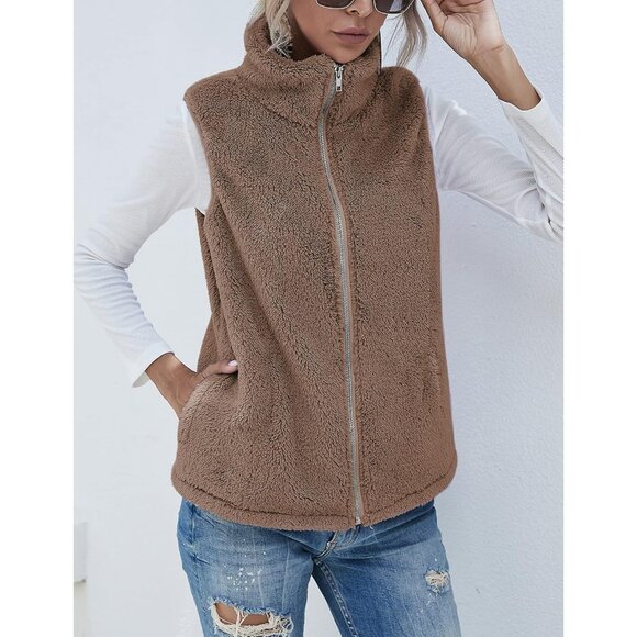 Women's Brown Sherpa Fleece Jacket Lightweight Vest Cozy Sleeveless Cardigan - Picture 4 of 6